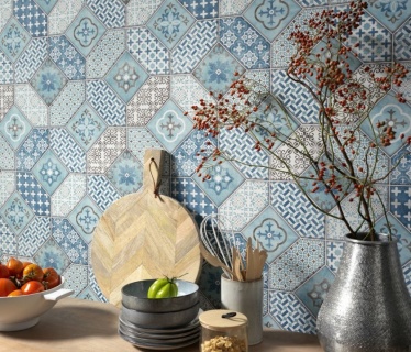 Tapet Komar, Imitations 2, model geometric, lavabil, nuanțe de albastru, cod 6315-08,  0.53m x 10m, 50 mp/rola 2