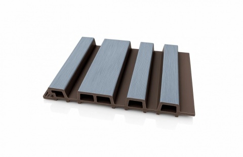 Riflaj coextrudat canelat asimetric WPC gri inchis pe fond maro, Dimensiune: 219x26mm, cod: 60-470 4