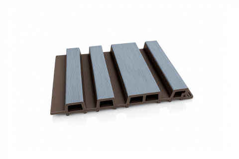Riflaj coextrudat canelat asimetric WPC gri inchis pe fond maro, Dimensiune: 219x26mm, cod: 60-470 1