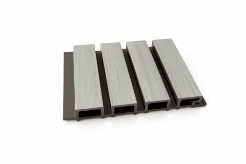 Riflaj coextrudat canelat WPC gri deschis pe fond negru, Dimensiune: 219x26mm, cod: 60-461 5