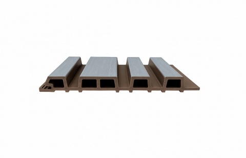 Riflaj coextrudat canelat asimetric WPC gri inchis pe fond maro, Dimensiune: 219x26mm, cod: 60-470 3