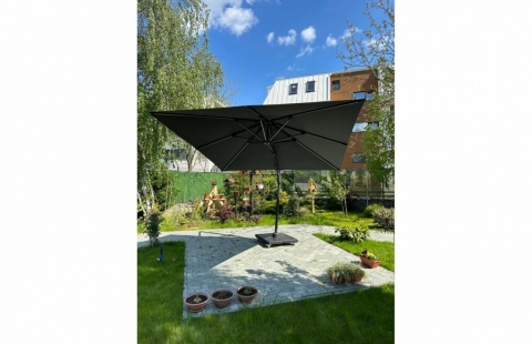 Umbrela de soare 3x3m pentru terasa si gradina, aluminiu, pliabila, culoare gri antracit, include suport de plastic 3