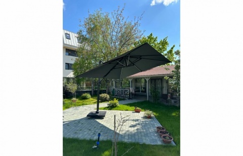 Umbrela de soare 3x3m pentru terasa si gradina, aluminiu, pliabila, culoare gri antracit, include suport de plastic 7