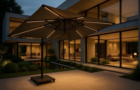 Umbrela de soare 3x3m,cu LED culoare gri antracit pentru terasa si gradina, aluminiu, pliabila, include suport granit 1