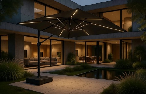 Umbrela de soare, cu iluminare LED 3x3m pentru terasa si gradina, aluminiu, pliabila, culoare gri antracit, cu suport de plasti 1