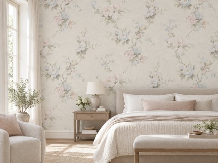 Tapet floral crem-albastru Zambaiti Satin Flowers, cod Z66861 2